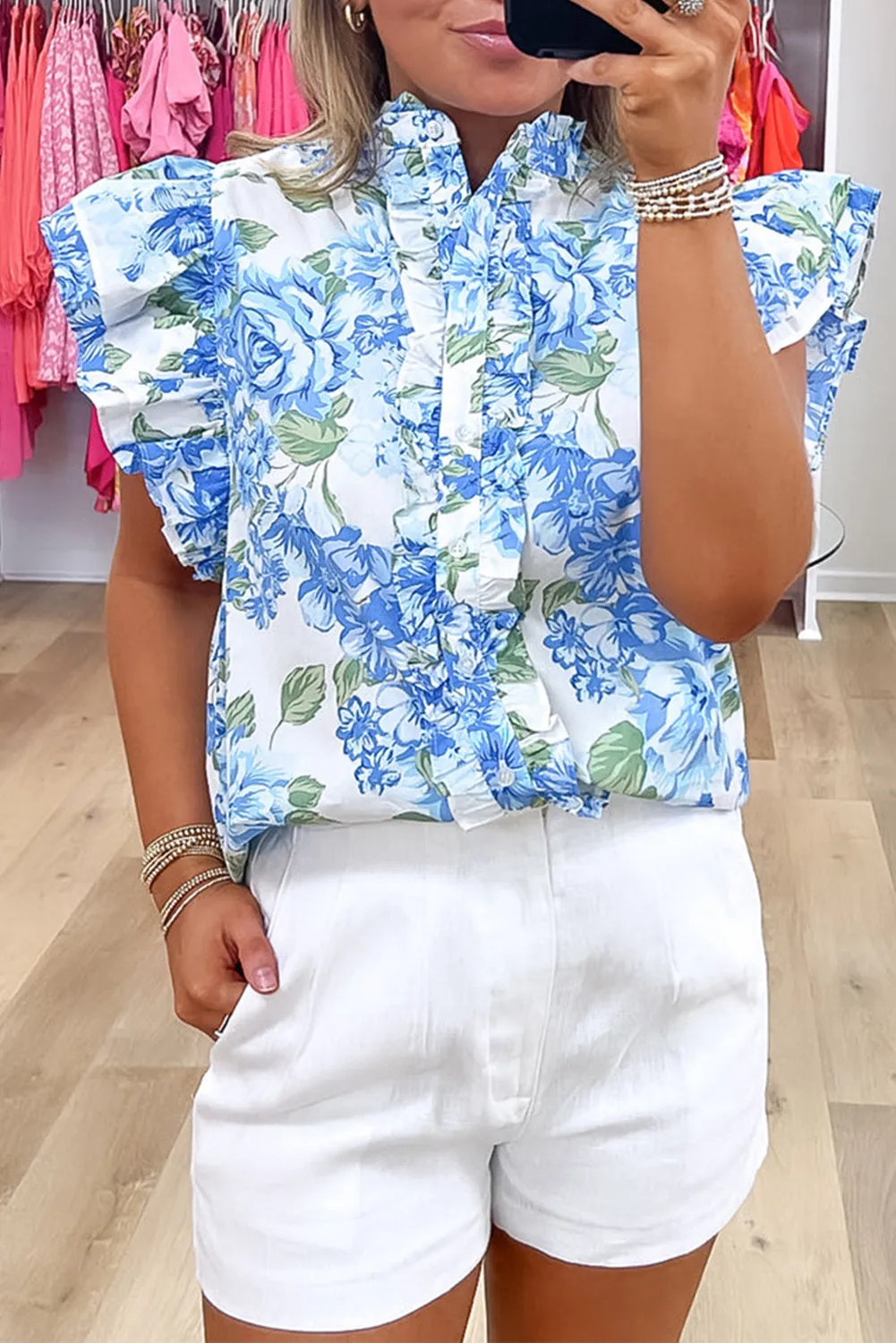 Sky Blue Floral Print Ruffle Sleeve Frilly Button Up Shirt