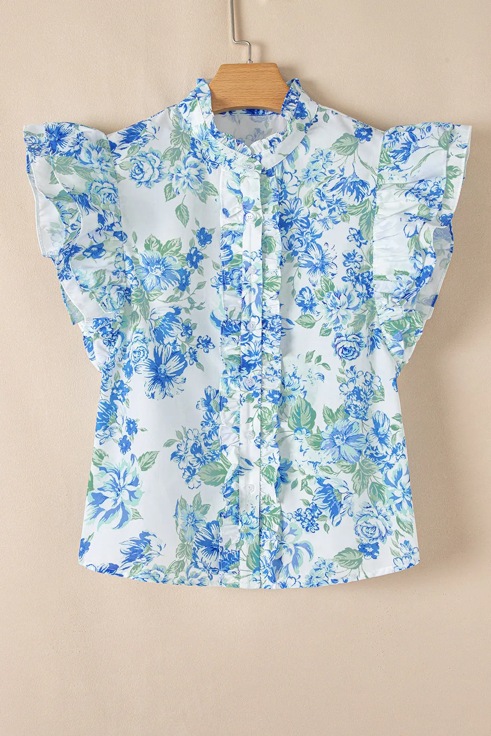 Sky Blue Floral Print Ruffle Sleeve Frilly Button Up Shirt