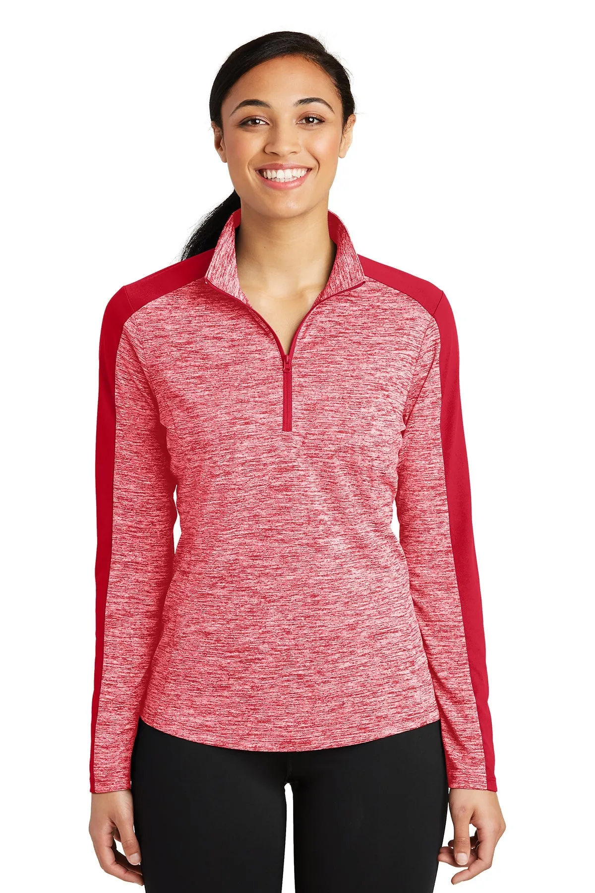 Sport-Tek Ladies PosiCharge Electric Heather Colorblock Customized 1/4-Zip Pullovers, Deep Red Electric/ Deep Red