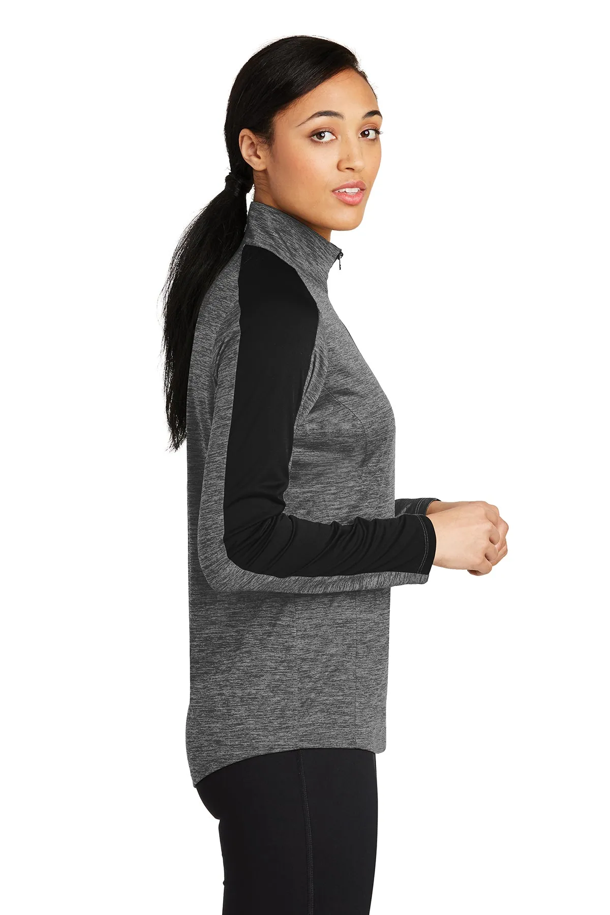 Sport-Tek Ladies PosiCharge Electric Heather Colorblock Customized 1/4-Zip Pullovers, Grey-Black Electric/ Black