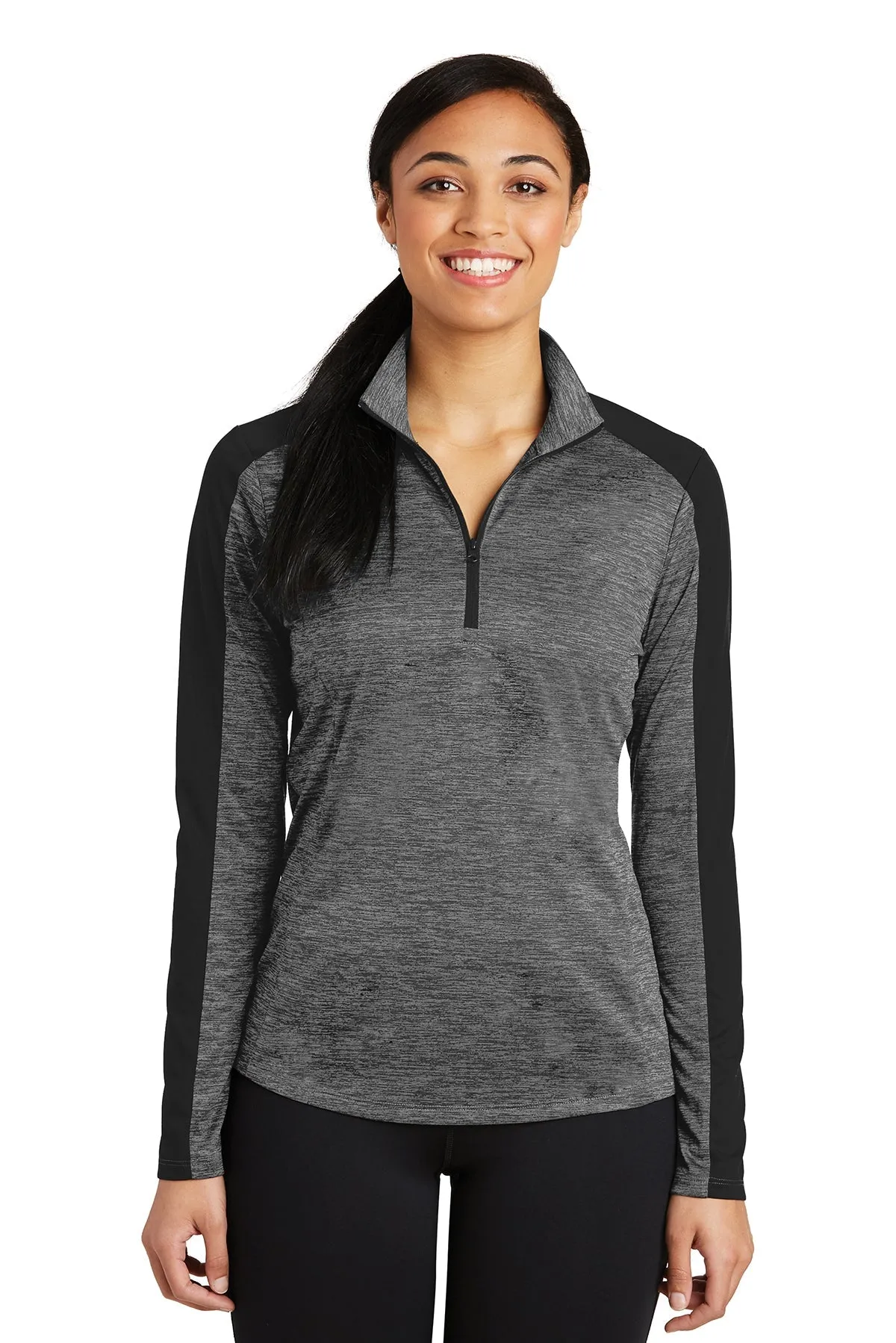 Sport-Tek Ladies PosiCharge Electric Heather Colorblock Customized 1/4-Zip Pullovers, Grey-Black Electric/ Black