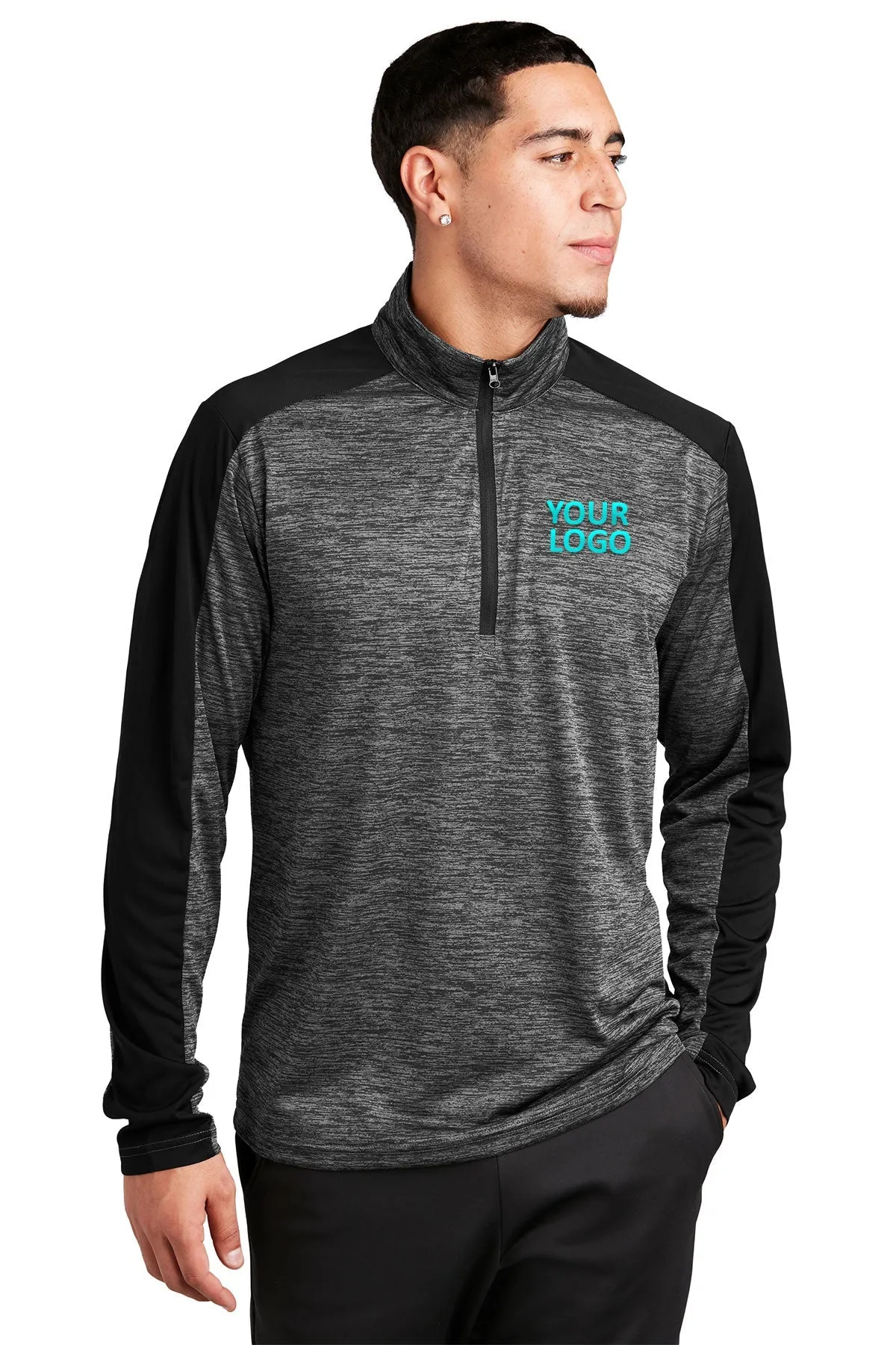 Sport-Tek PosiCharge Electric Heather Colorblock Customized 1/4-Zip Pullovers, Grey-Black Electric/ Black