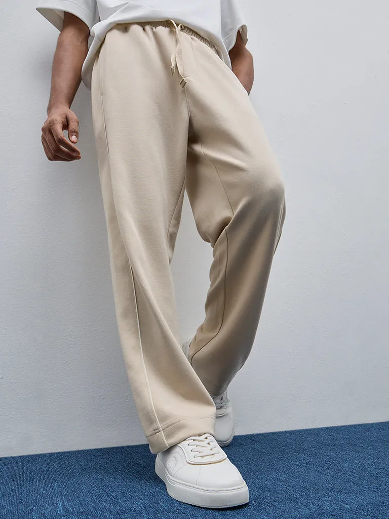 Studiofit Beige Relaxed-Fit Mid-Rise Cotton-Blend Track Pants