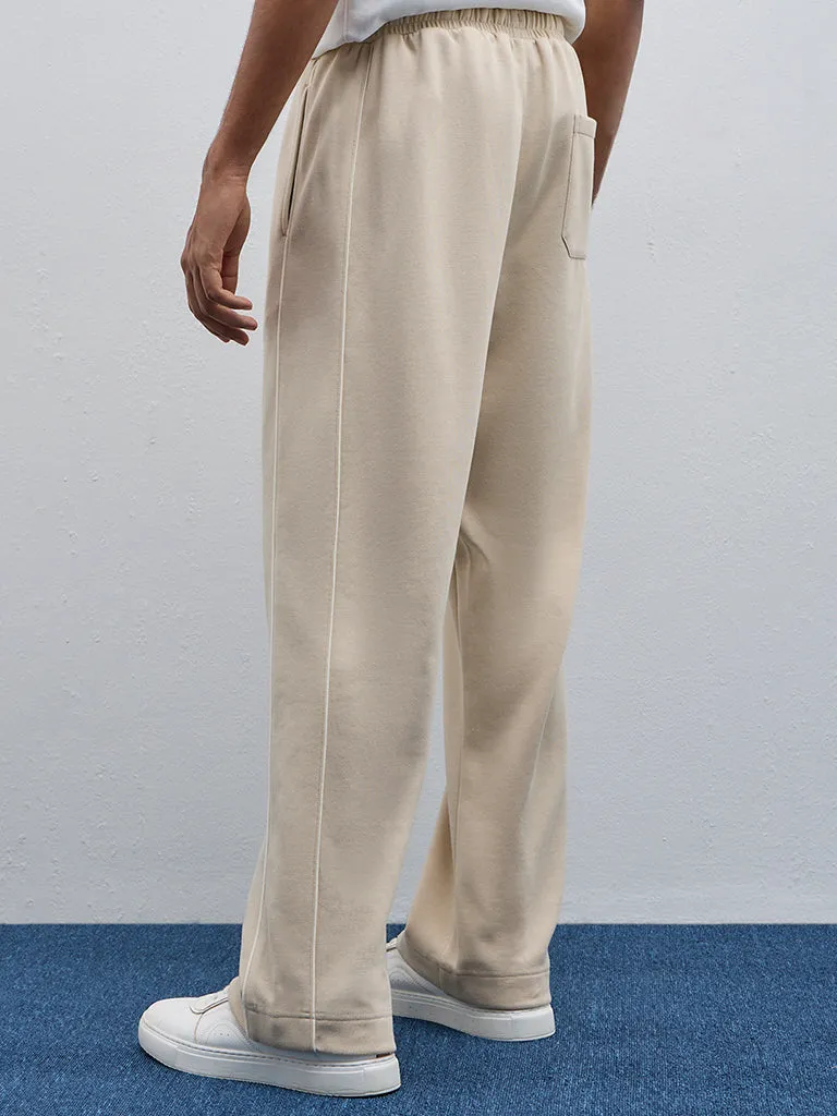 Studiofit Beige Relaxed-Fit Mid-Rise Cotton-Blend Track Pants