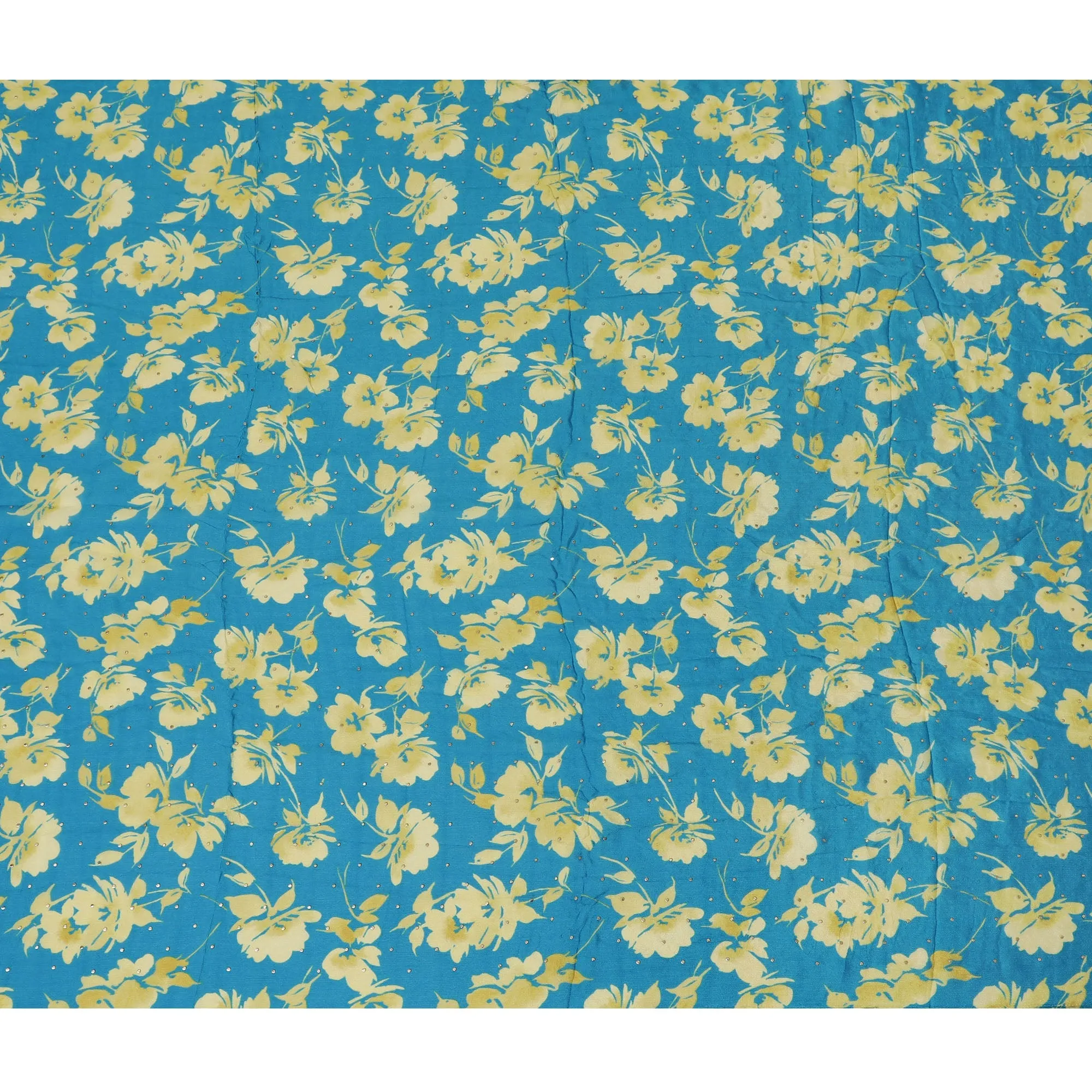 Teal and Yellow Floral Synthetic Chinon Fabric with gold foil, 110 cm Width-D19670