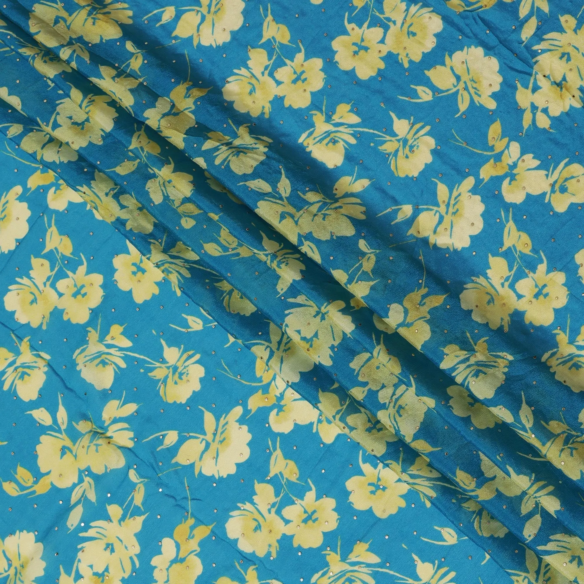 Teal and Yellow Floral Synthetic Chinon Fabric with gold foil, 110 cm Width-D19670