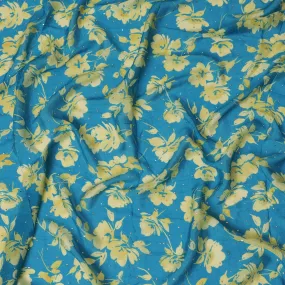 Teal and Yellow Floral Synthetic Chinon Fabric with gold foil, 110 cm Width-D19670