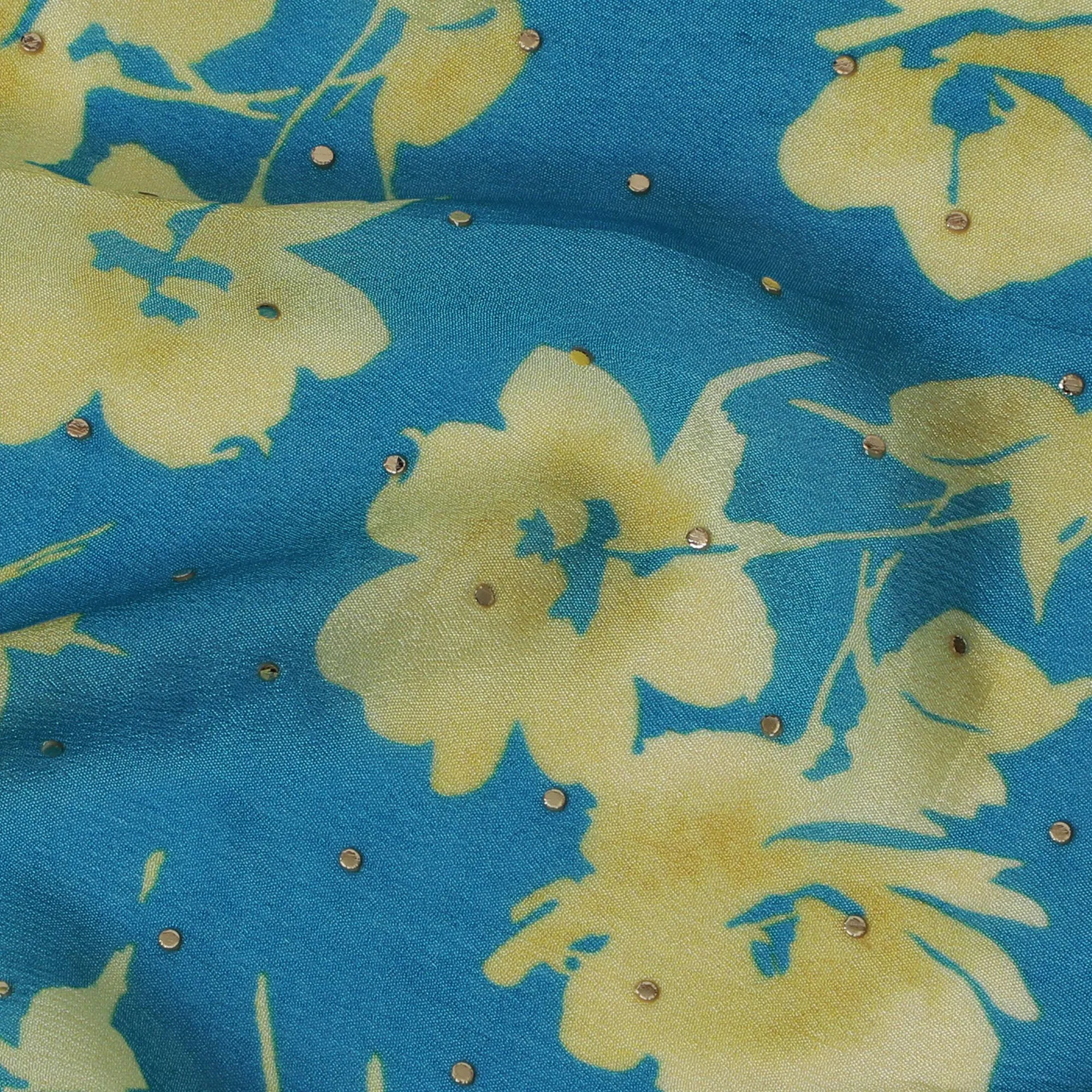 Teal and Yellow Floral Synthetic Chinon Fabric with gold foil, 110 cm Width-D19670