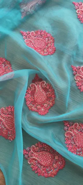 Teal Green Motifs Kashmiri Embroidered Organza Fabric (Wholesale)