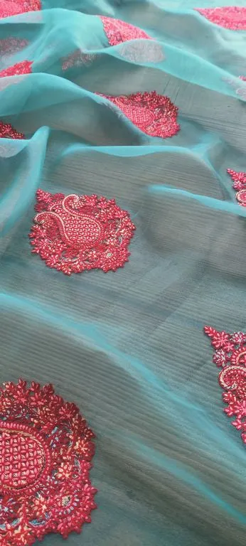 Teal Green Motifs Kashmiri Embroidered Organza Fabric (Wholesale)