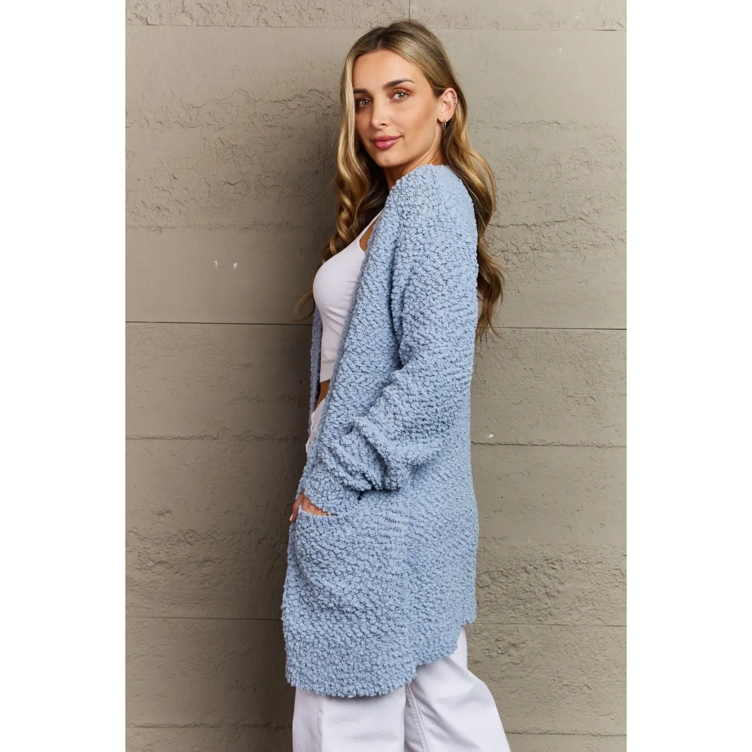 The Falling For You Dusty Blue Open Front Popcorn Cardigan