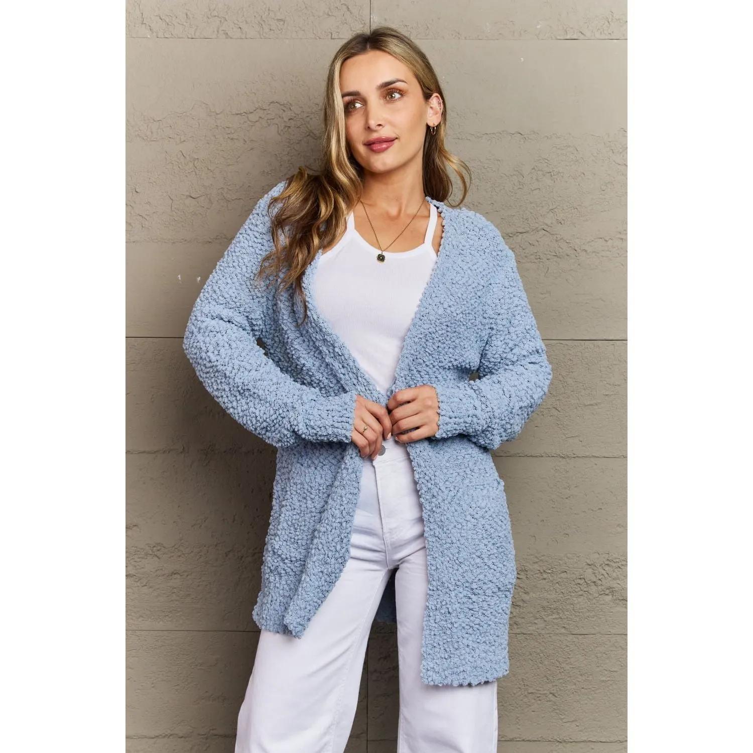 The Falling For You Dusty Blue Open Front Popcorn Cardigan