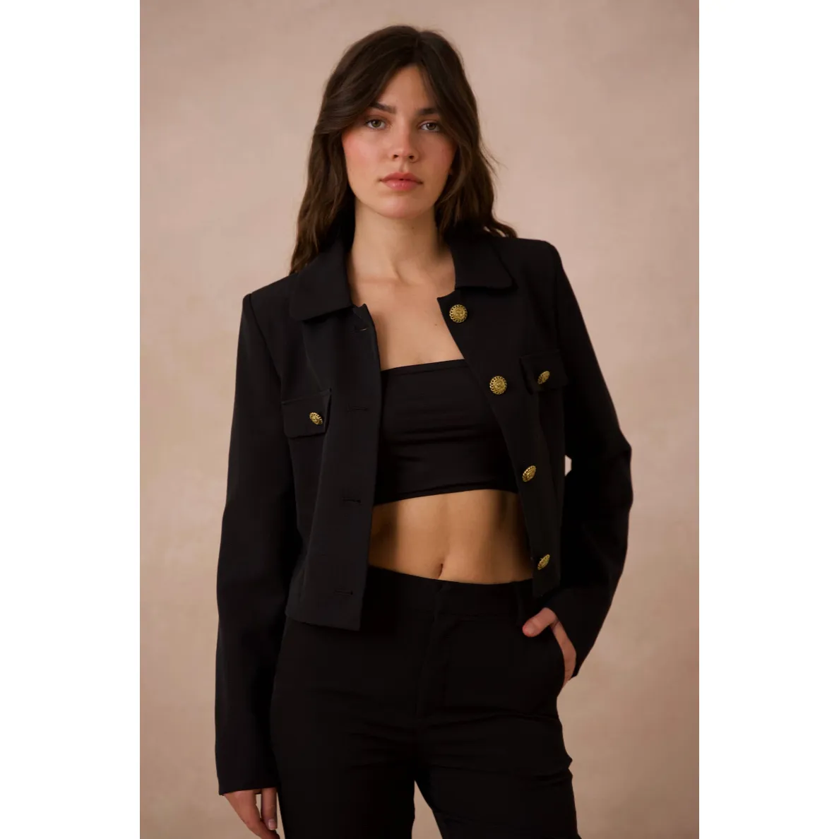 The Timeless Black Gold Button Blazer Jacket