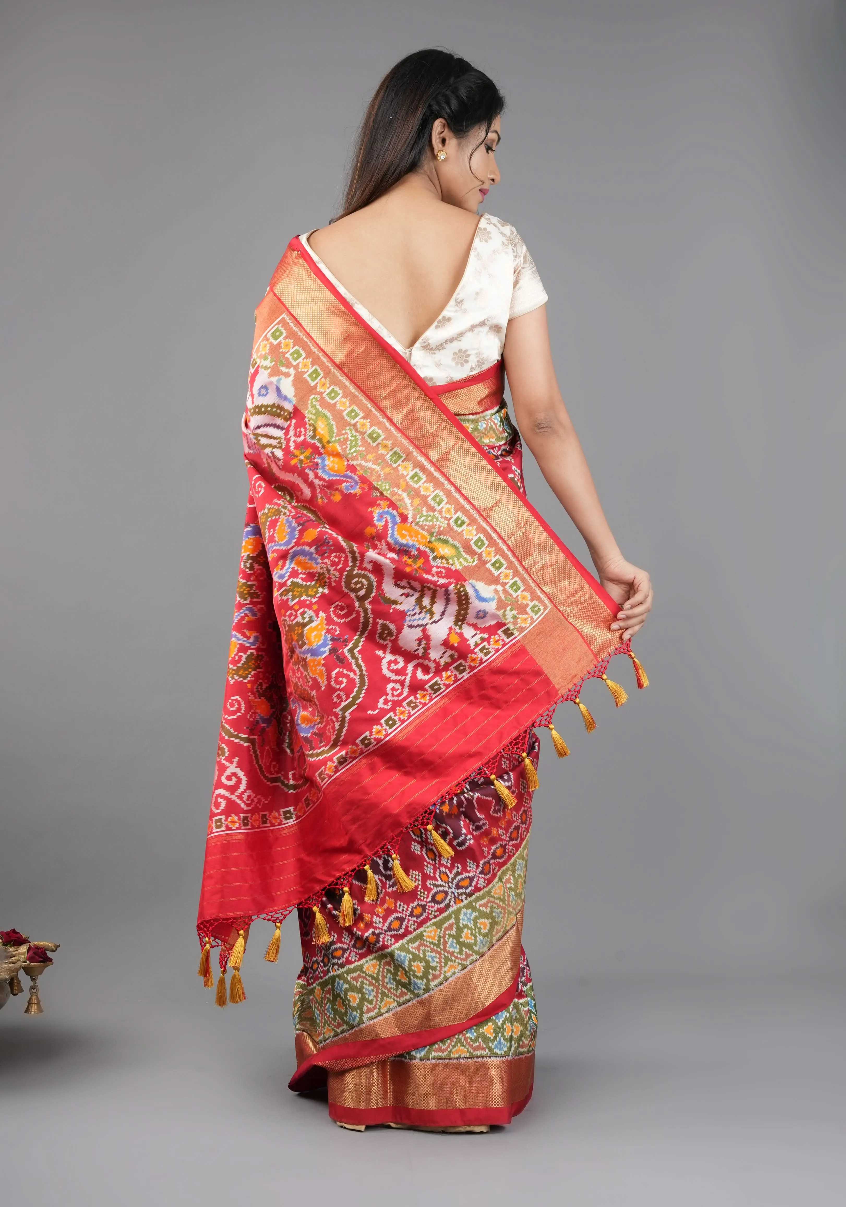 Unique Red Kanjivaram Ikkat fusion Silk Saree with Vanasingaram Pattern and Zari border I SILK MARK CERTIFIED