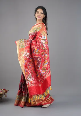 Unique Red Kanjivaram Ikkat fusion Silk Saree with Vanasingaram Pattern and Zari border I SILK MARK CERTIFIED