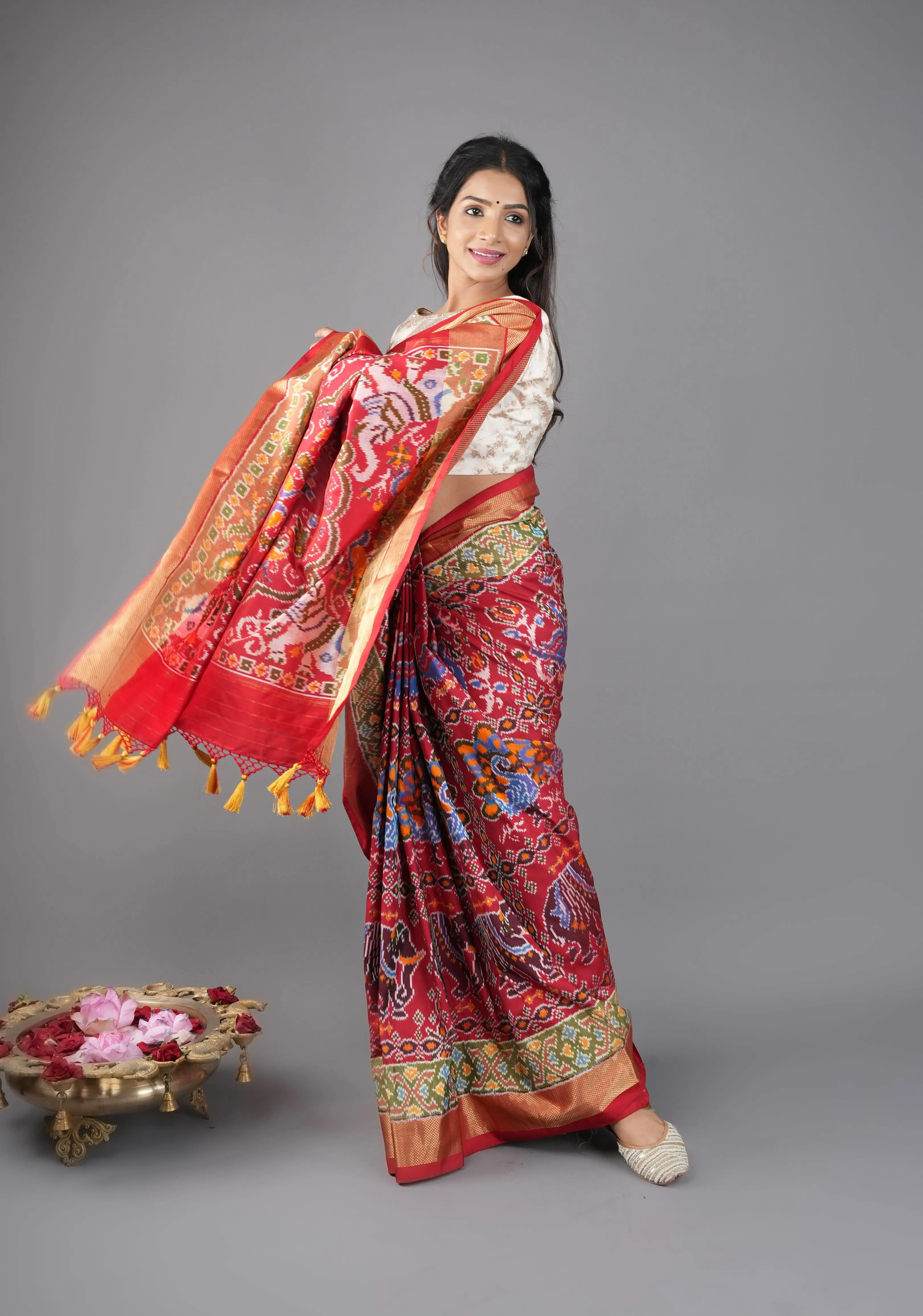 Unique Red Kanjivaram Ikkat fusion Silk Saree with Vanasingaram Pattern and Zari border I SILK MARK CERTIFIED