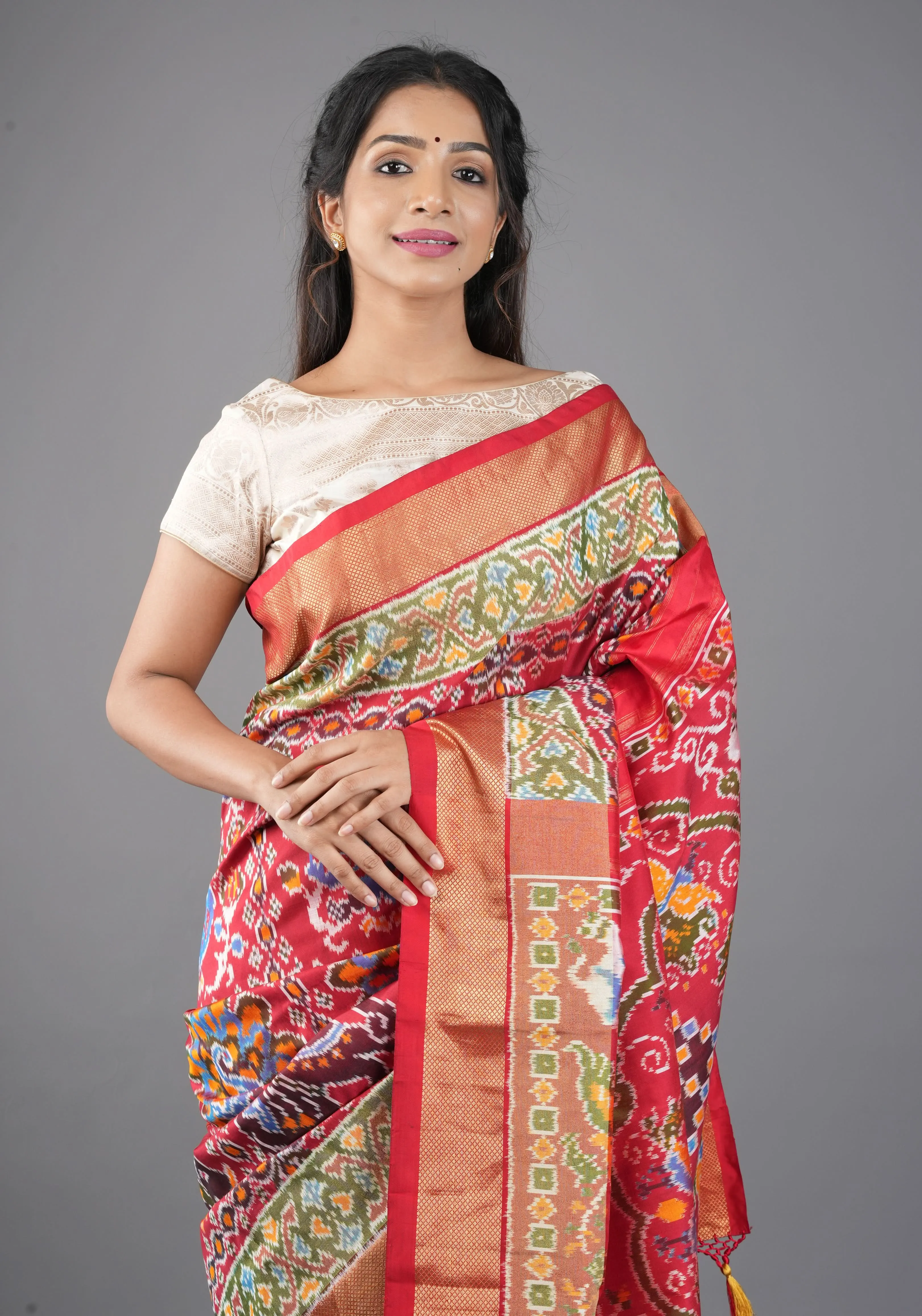 Unique Red Kanjivaram Ikkat fusion Silk Saree with Vanasingaram Pattern and Zari border I SILK MARK CERTIFIED