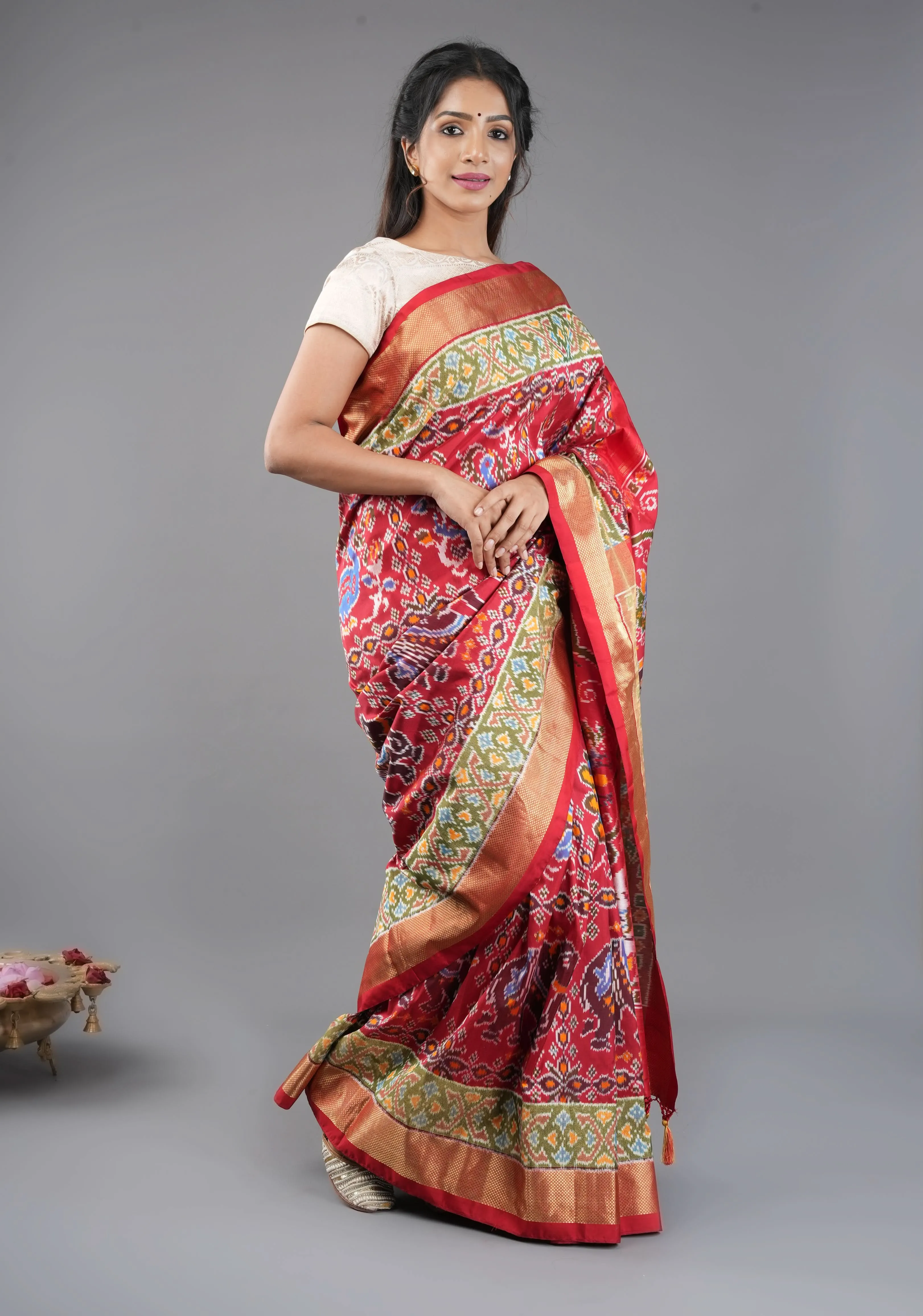 Unique Red Kanjivaram Ikkat fusion Silk Saree with Vanasingaram Pattern and Zari border I SILK MARK CERTIFIED