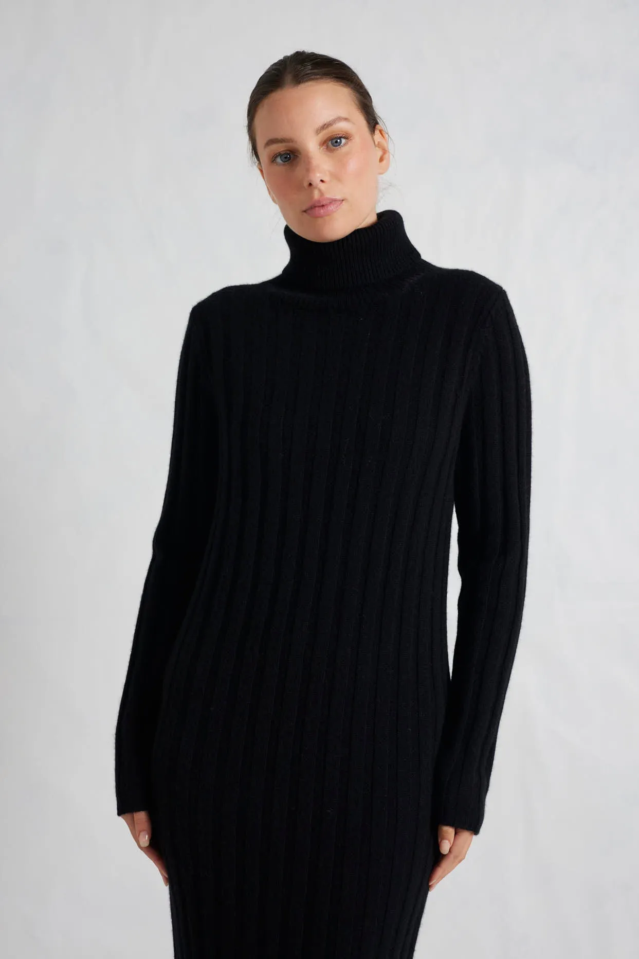 Valerie Merino Cashmere Polo Dress in Black