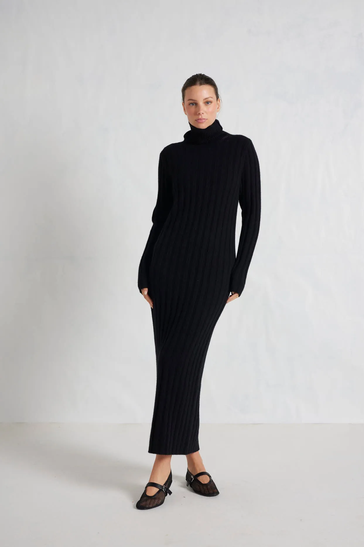 Valerie Merino Cashmere Polo Dress in Black