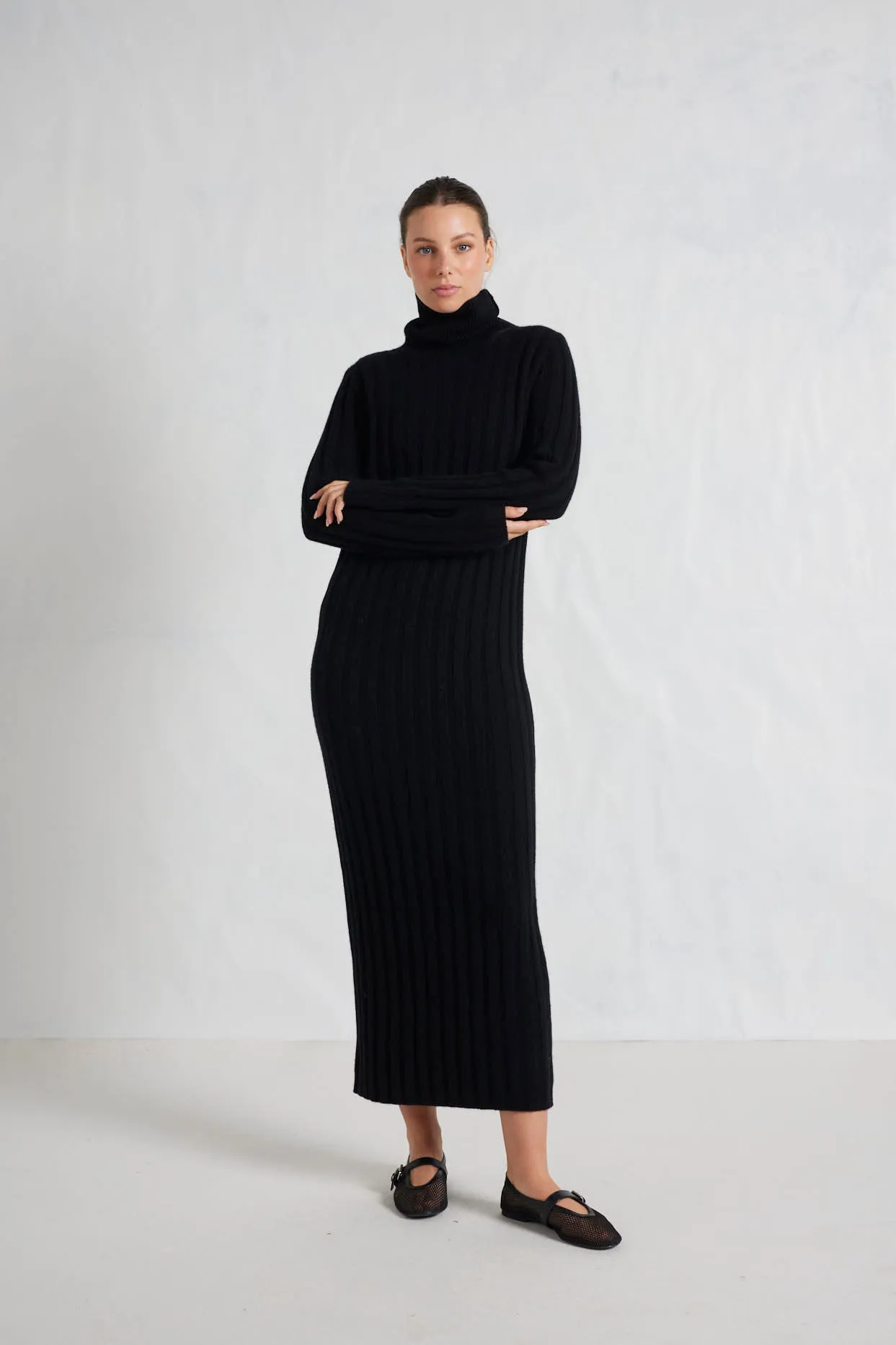 Valerie Merino Cashmere Polo Dress in Black