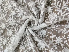 White Floral Dyeable Chikankari Embroidered Organza Fabric (Wholesale)