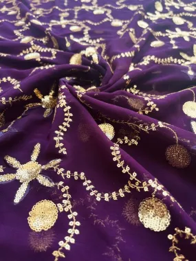 Wine & Golden Traditional Sequins Embroidered Work Georgette Fabric (Wholesale)