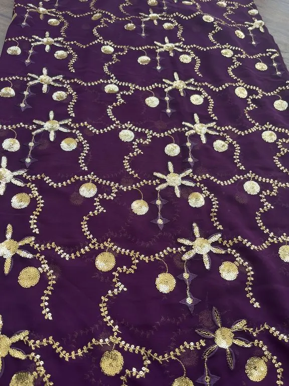 Wine & Golden Traditional Sequins Embroidered Work Georgette Fabric (Wholesale)