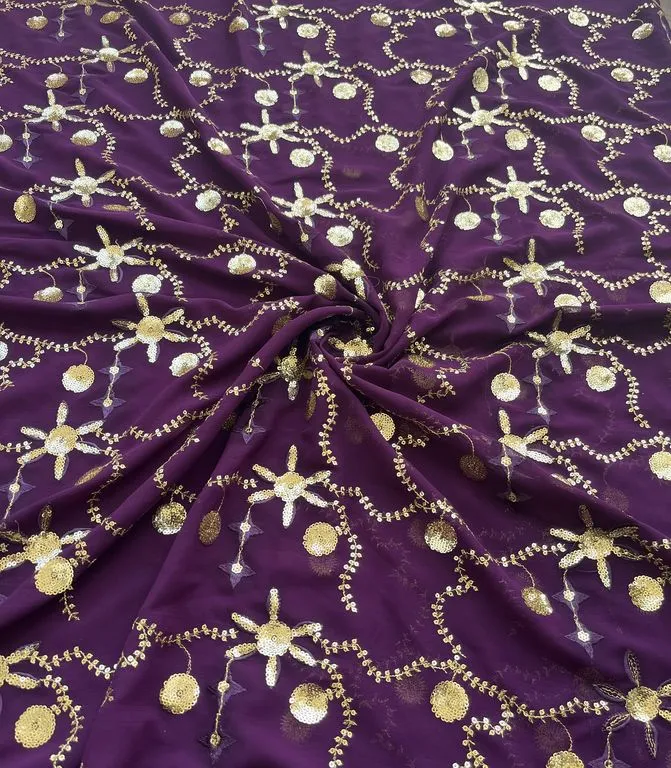 Wine & Golden Traditional Sequins Embroidered Work Georgette Fabric (Wholesale)